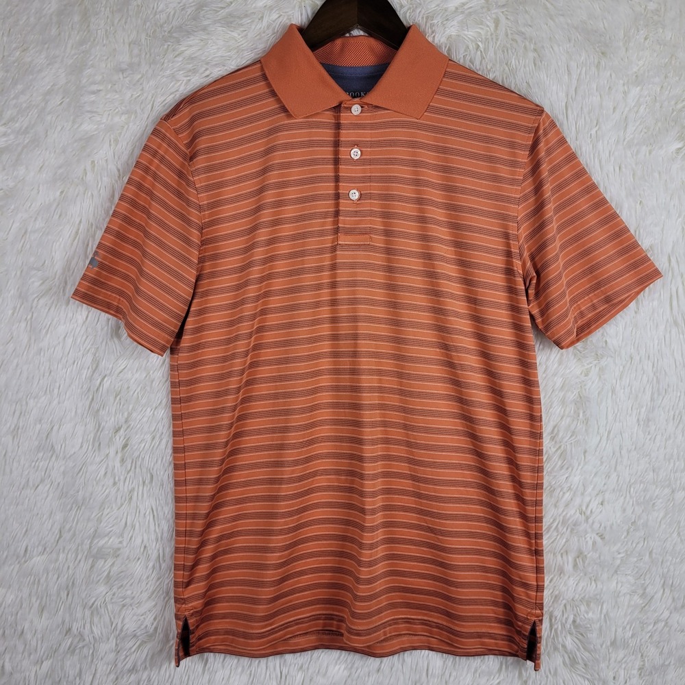 Brooks Brothers Mens Small Orange Striped Performance Golf Polo Shirt Stretch